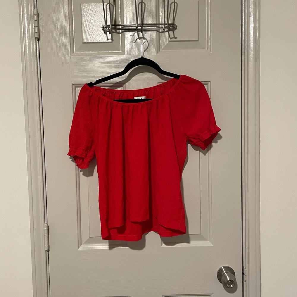 Madewell Texture & Thread Red Smocked Sleeve Puff Sleeve Top